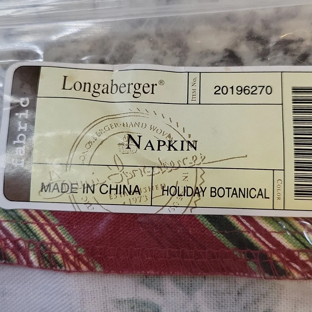 New Longaberger Napkin Holiday Botanical Fabric Liner